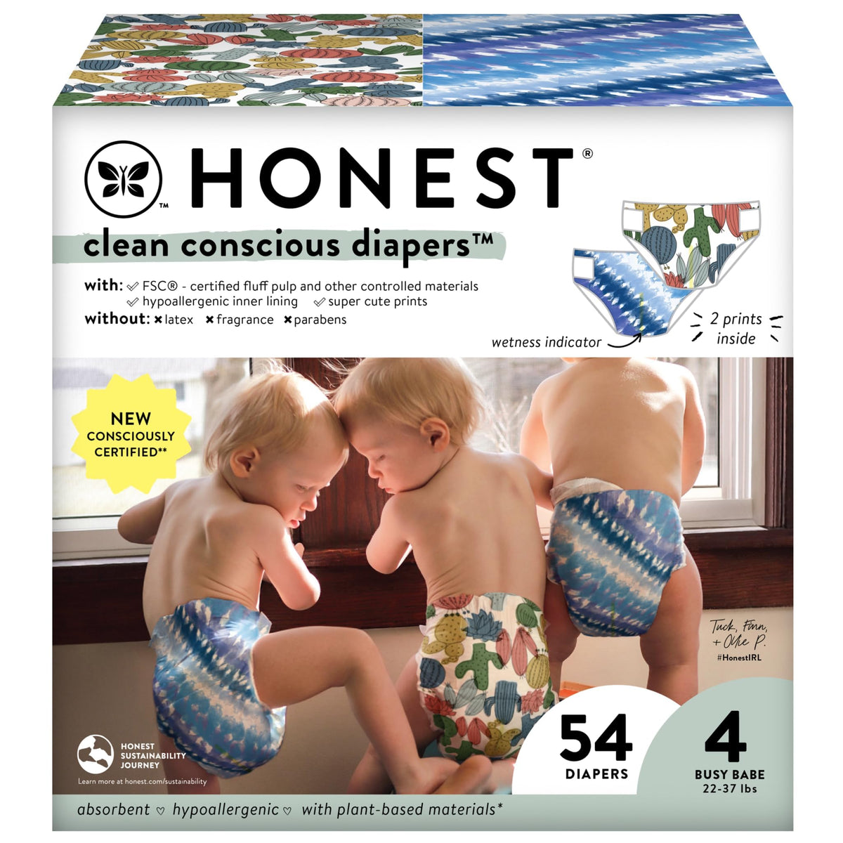 The Honest Company Clean Conscious Diapers | Plant-Based, Sustainable | Tie-Dye for + Cactus Cuties | Club Box, Size 4 (22-37 lbs), 54 Count