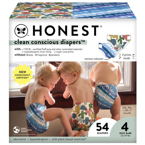 The Honest Company Clean Conscious Diapers | Plant-Based, Sustainable | Tie-Dye for + Cactus Cuties | Club Box, Size 4 (22-37 lbs), 54 Count