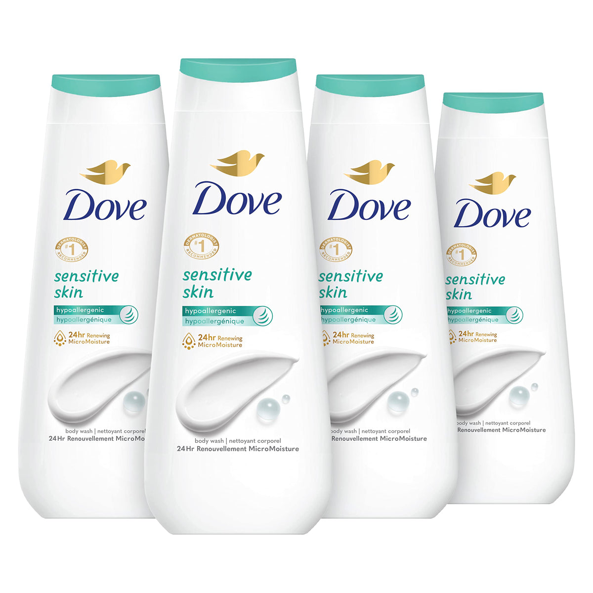 Dove Body Wash Sensitive Skin 4 Count Hypoallergenic, Paraben-Free, Sulfate-Free, Cruelty-Free, Moisturizing Skin Cleanser Effectively Washes Away Bacteria While Nourishing Skin 20 oz