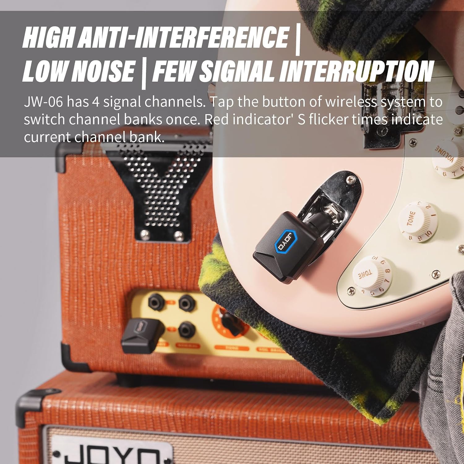 JOYO 5.8GHz Wireless Guitar System Transmitter and Receiver with Charging Case, 18H Battery life, 48kHz/24Bit, Low Latency, 4 Channels, Plug & Play for Electric Guitar & Bass (JW-06)