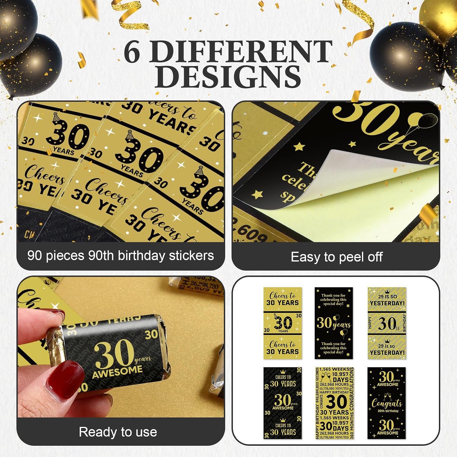 Tenare 90 Pcs 30th Birthday Candy Wrappers, Black and Gold Stickers