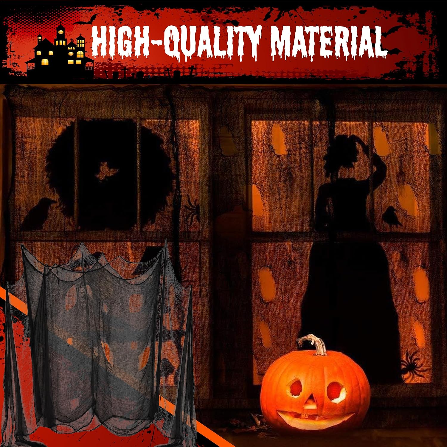 (48 x 240 in.) Halloween Creepy Cloth, Spooky Giant Cheese Cloth Tapestry for Halloween Party Supplies Decorations Outdoor Yard Home Wall Decor, Black