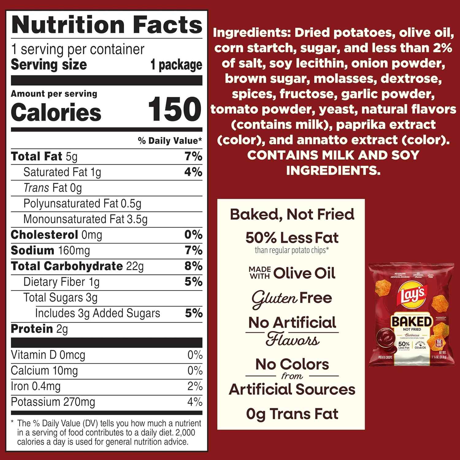 Baked Lay’s Potato Chips, Barbecue, 1.125 oz Bags, (64 Pack), 50% Less Fat, Gluten Free, No Artificial Flavors, No Colors from Artificial Sources