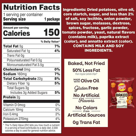 Baked Lay’s Potato Chips, Barbecue, 1.125 oz Bags, (64 Pack), 50% Less Fat, Gluten Free, No Artificial Flavors, No Colors from Artificial Sources