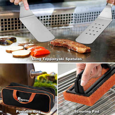 ROMANTICIST 29PCS Griddle Accessories Set - Flat Top Teppanyaki Spatula Set with Scraper, Basting Cover for Camp Chef- Home Cooking Griddle and Outdoor BBQ Gifts for Father's Day