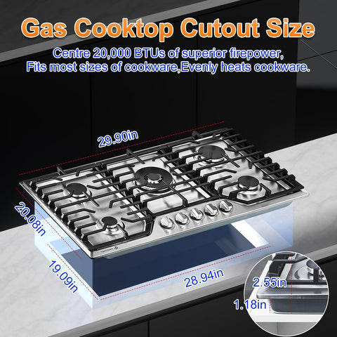AMZCHEF 30 Inch Gas Cooktop with Griddle, 5 Italy SABAF Sealed Burners