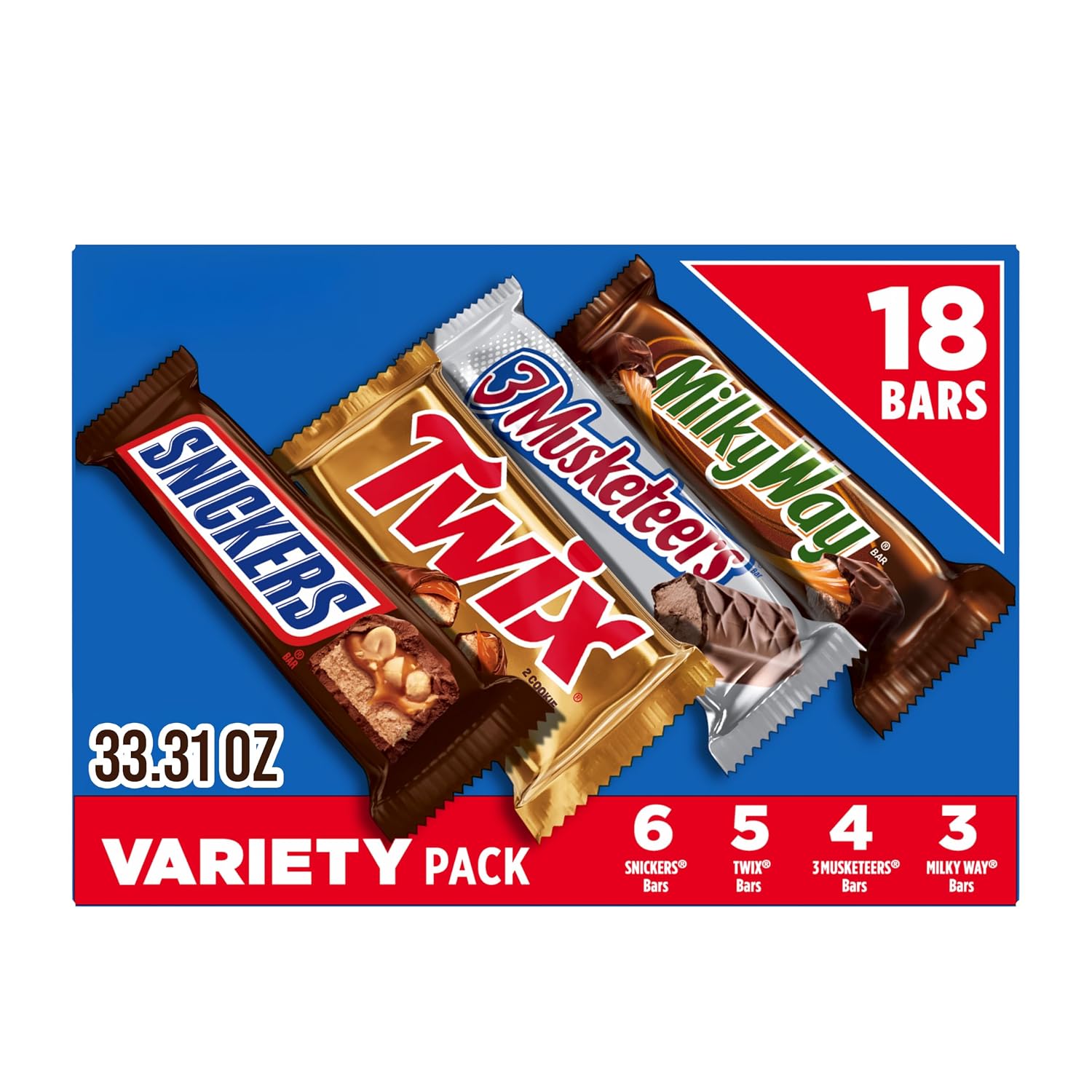 SNICKERS, TWIX, 3 MUSKETEERS, MILKY WAY Full Size Back to School Chocolate Bar Variety Pack, 18 ct Bulk Candy Box