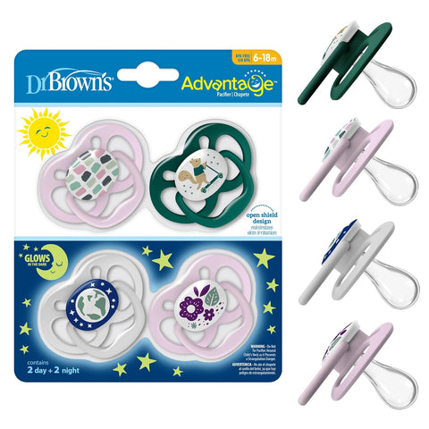 Dr. Brown's Advantage Glow-in-the-Dark Baby Pacifier, Fully Symmetrical Soother with Soft Silicone Bulb, Scooter Squirrel-Purple Nature, 6-18m, BPA Free, 4 Pack