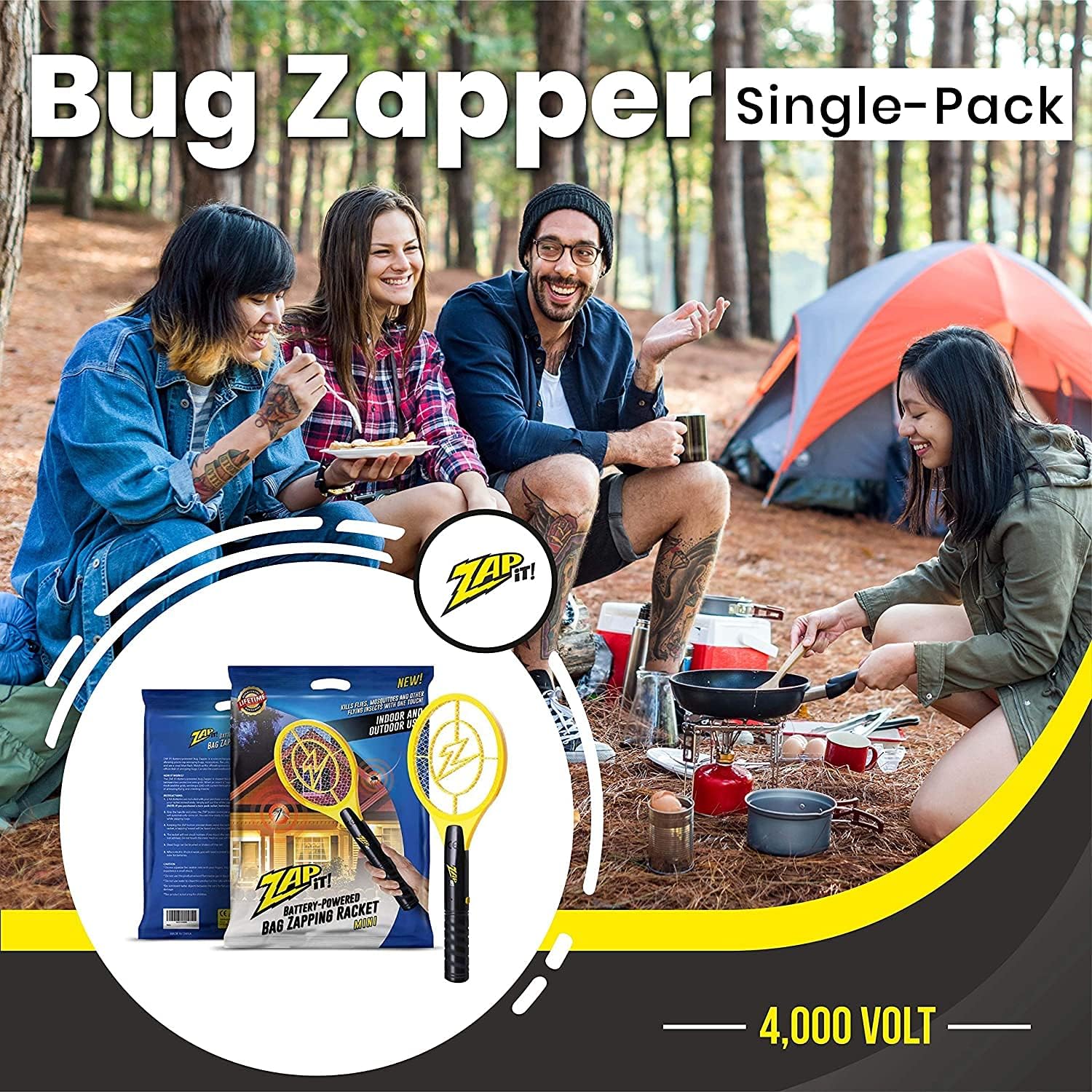 ZAP IT! Rechargeable Electric Fly Swatter Racket - 4,000-Volt Mosquito Zapper with USB Charging Cable and Super-Bright LED Light -Small- Safe 3-Layer Mesh, Yellow, Bug Zapper for Indoors and Outdoors