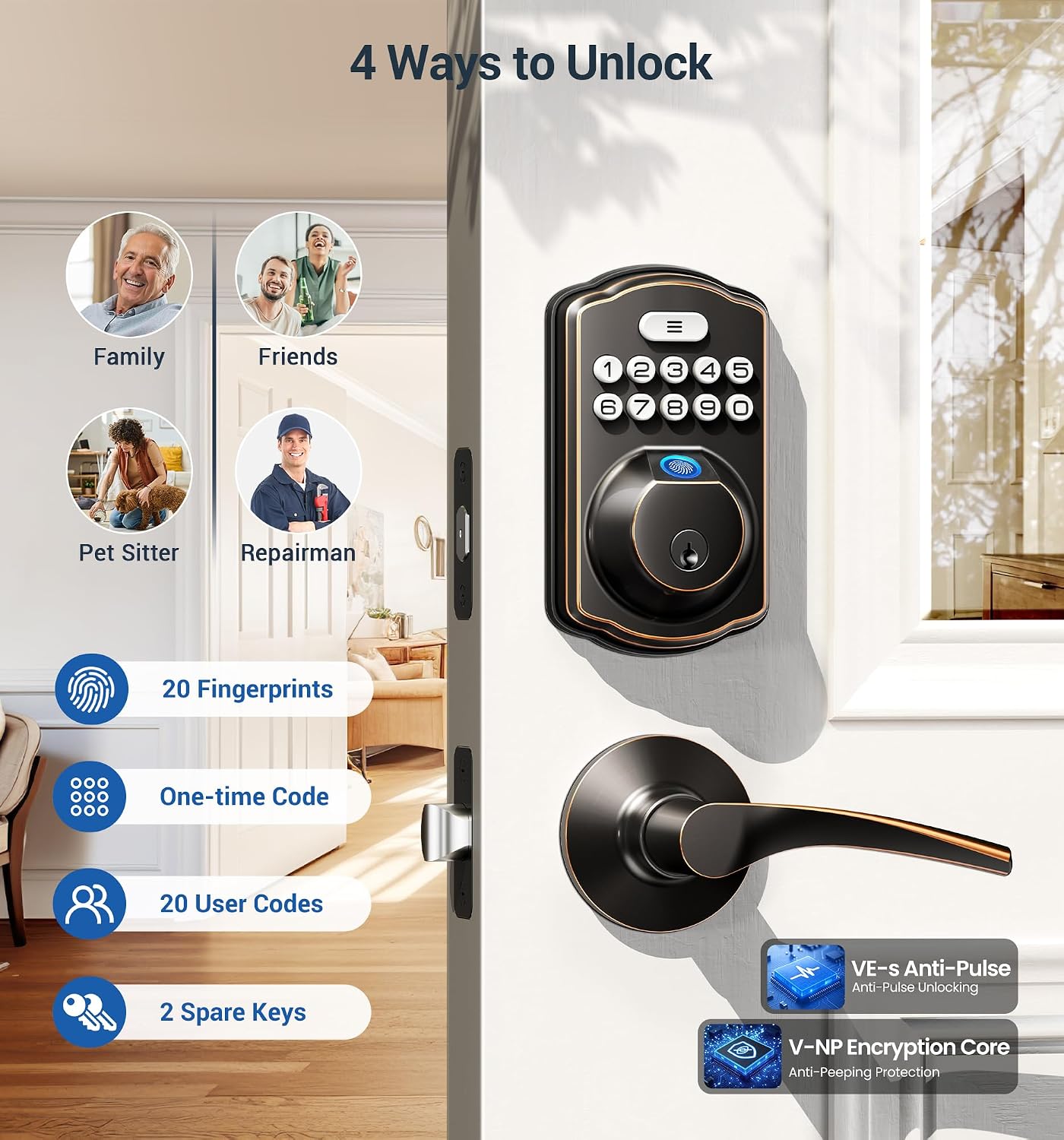 Veise KS02B Fingerprint Door Lock with 2 Lever Handles, Oil Rubbed Bronze