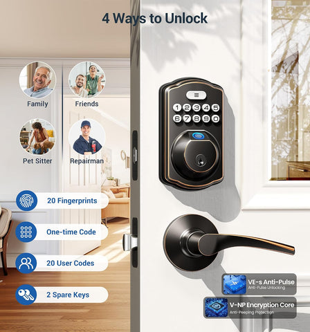 Veise KS02B Fingerprint Door Lock with 2 Lever Handles, Oil Rubbed Bronze