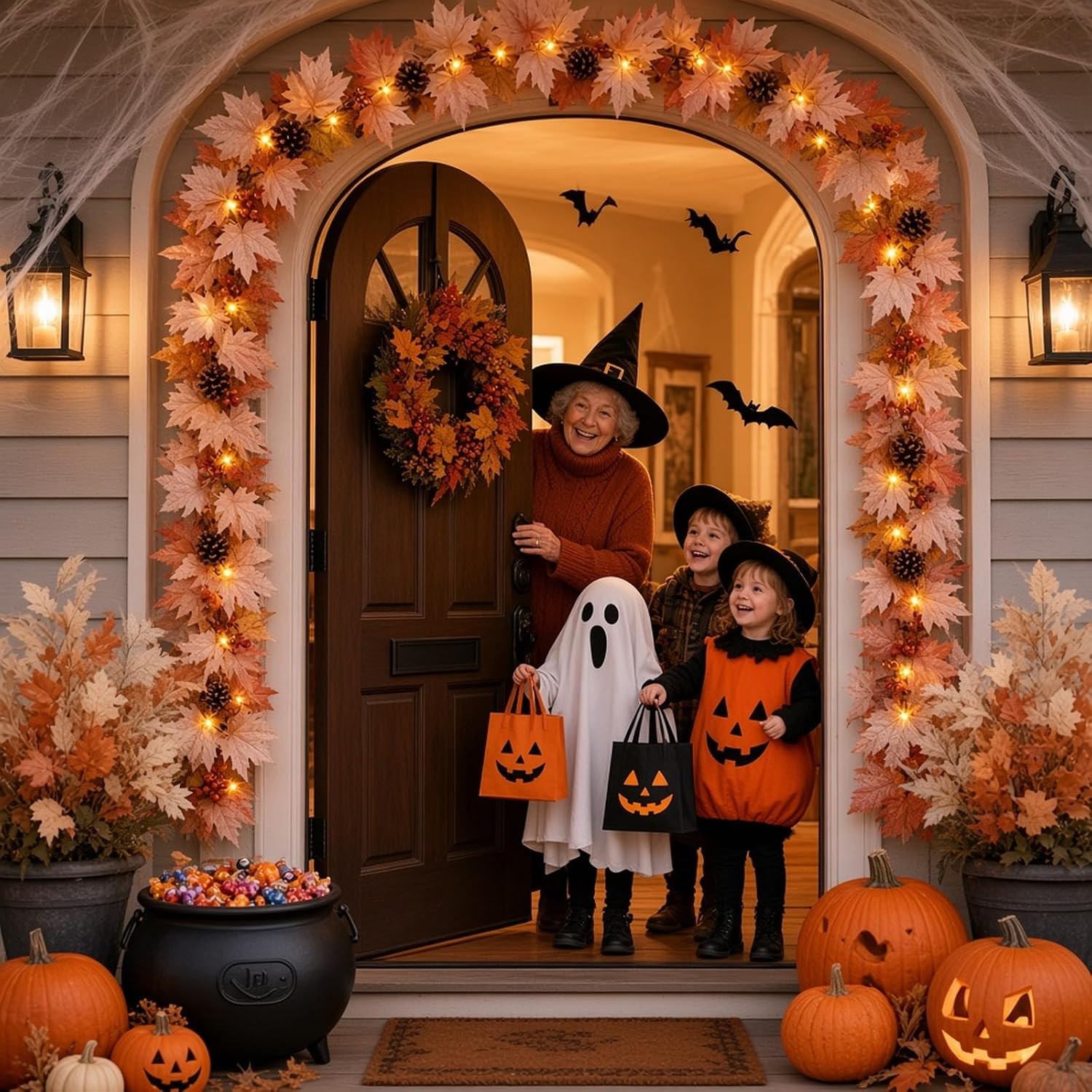 Fall Decorations for Home 9FT Fall Garlands with Lights Large Fall Maple Leaves with Berries and Pinecones Plug in 50 Warm Incandescent Bulbs for Indoor Outdoor Autumn Halloween Harvest Decorations
