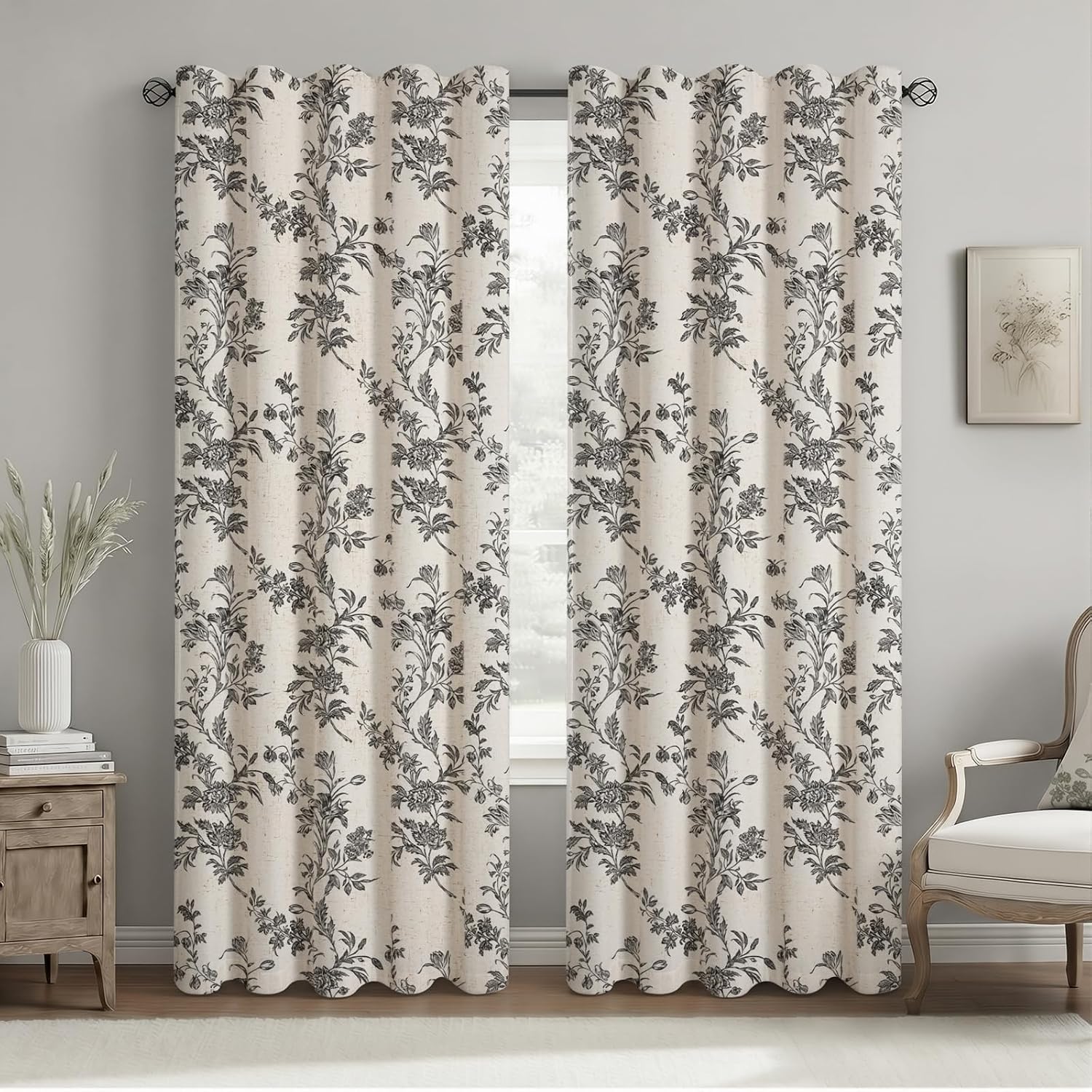 Black Boho Floral 100% Blackout Curtains 84 Inch 2 Panels