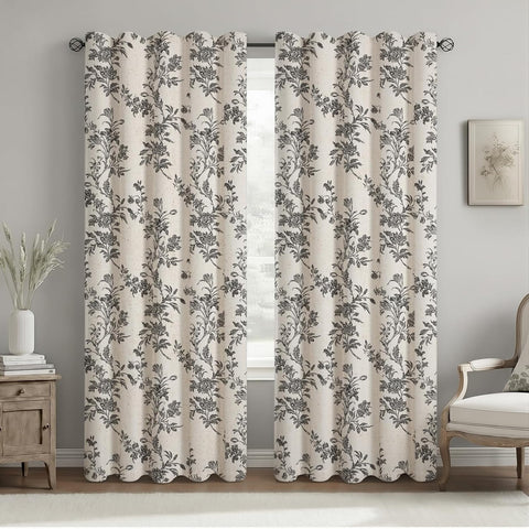 Black Boho Floral 100% Blackout Curtains 84 Inch 2 Panels