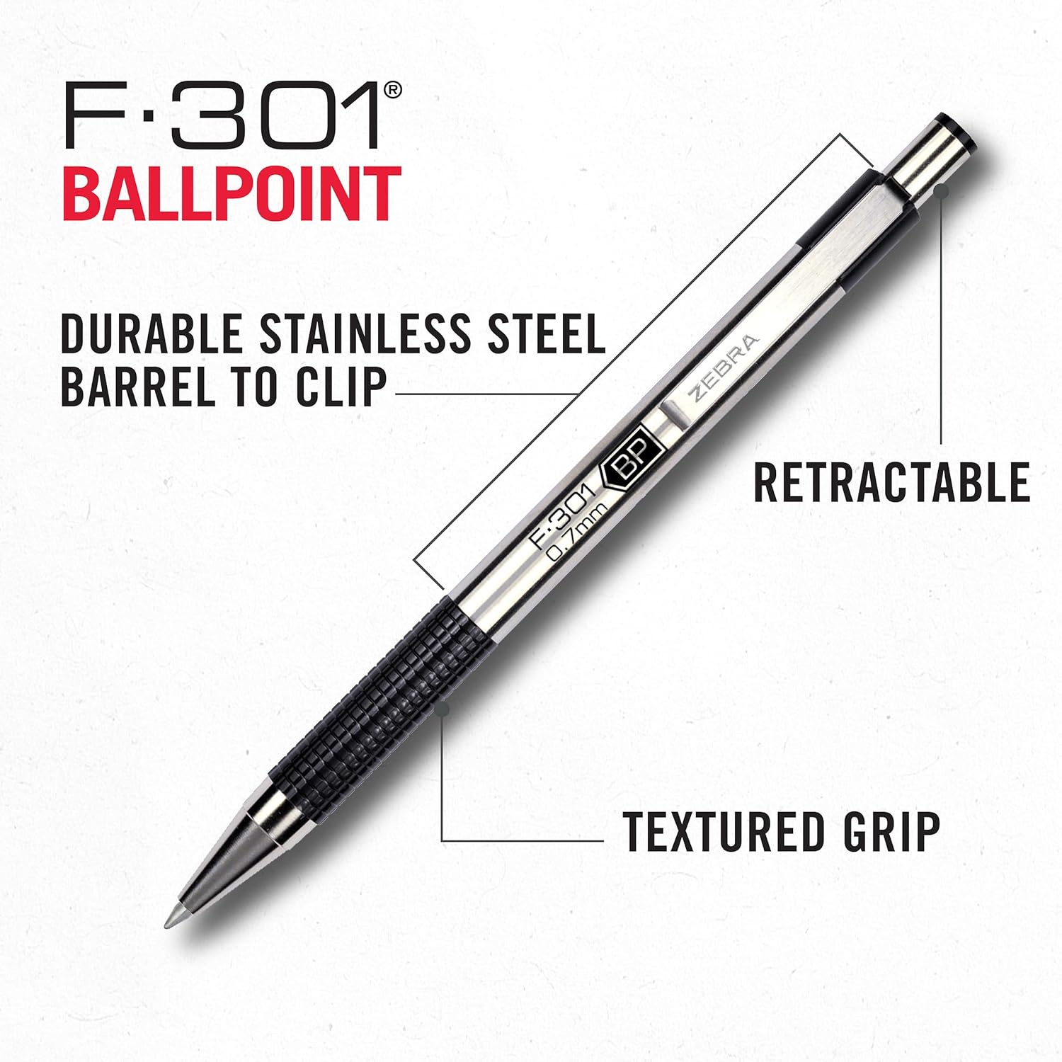 Zebra Pen STEEL F-301 Retractable Ballpoint Pen, Black Ink, 0.7mm, 12-Pack