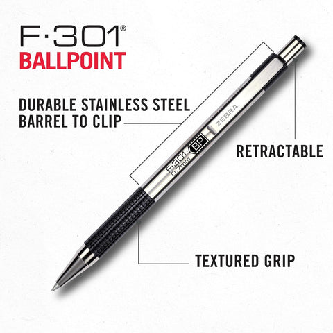 Zebra Pen STEEL F-301 Retractable Ballpoint Pen, Black Ink, 0.7mm, 12-Pack