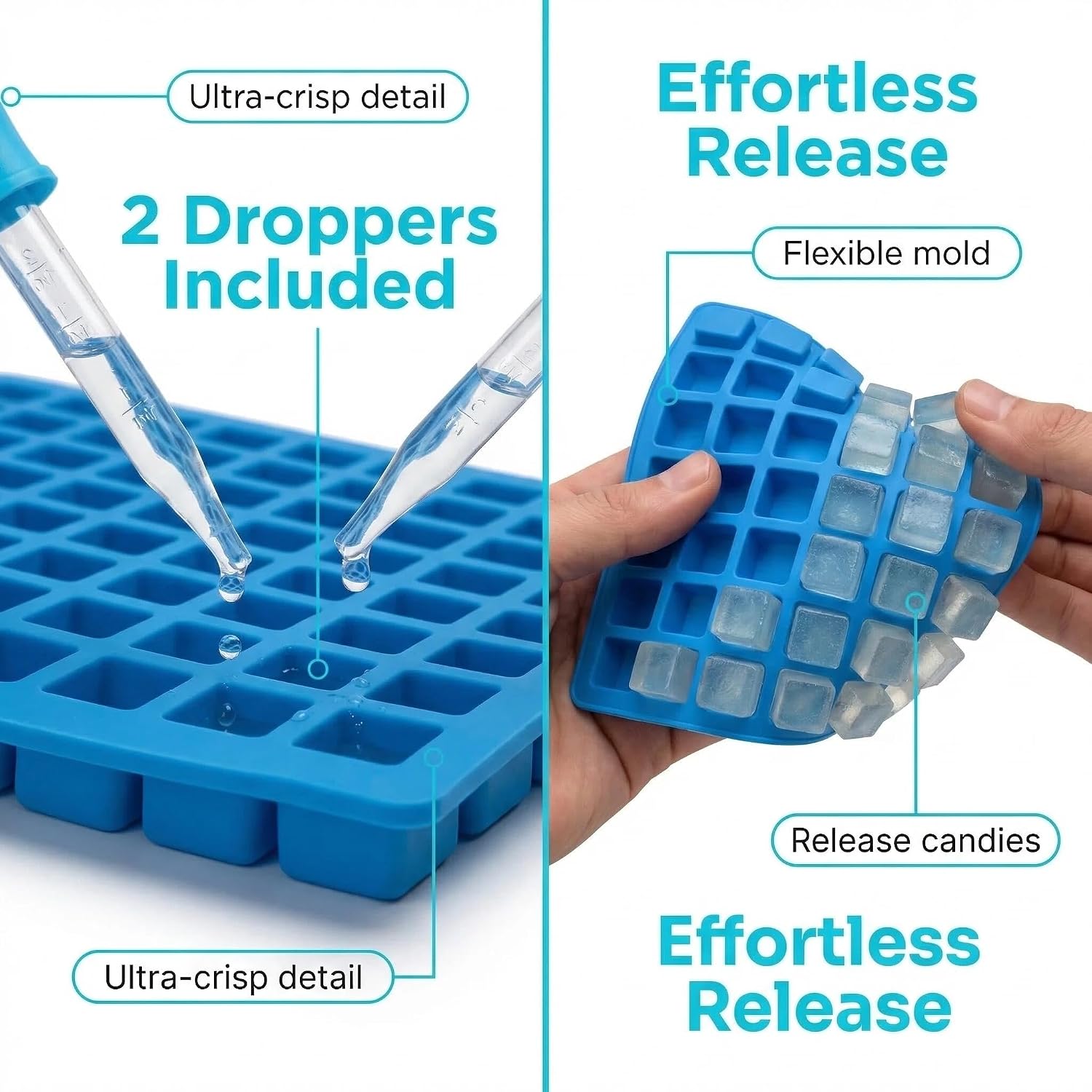 252 Cavity Square Silicone Candy Molds - Gummy Molds with Droppers, 2-Pack Flexible Chocolate Molds for Gummies, Hard Candy, Caramels, Ice Cubes, BPA Free Non-Stick Baking Molds