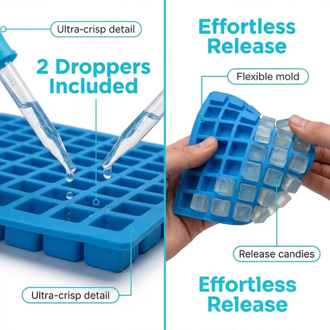 Square Silicone Candy Molds - 252 Cavity Gummy Molds with Droppers, 2-Pack Flexible Chocolate Molds for Gummies, Hard Candy, Caramels, Ice Cubes, BPA Free Non-Stick Baking Molds