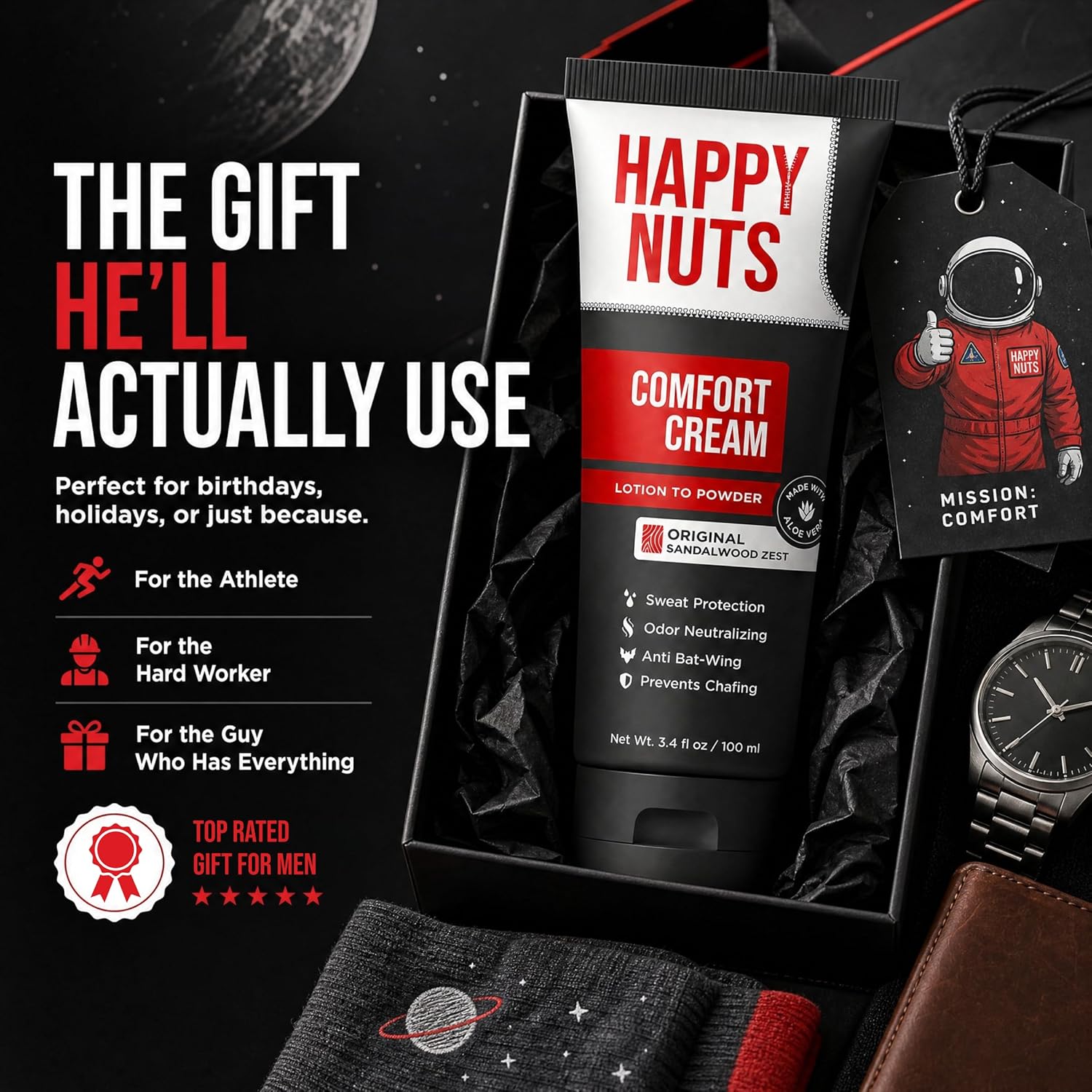 HAPPY NUTS Comfort Cream Deodorant For Men: Anti-Chafing Sweat Defense, Odor Control, Aluminum-Free, Travel Essential, Mens Deodorant & Hygiene Products for Men's Private Parts 3.4 Fl Oz - Original