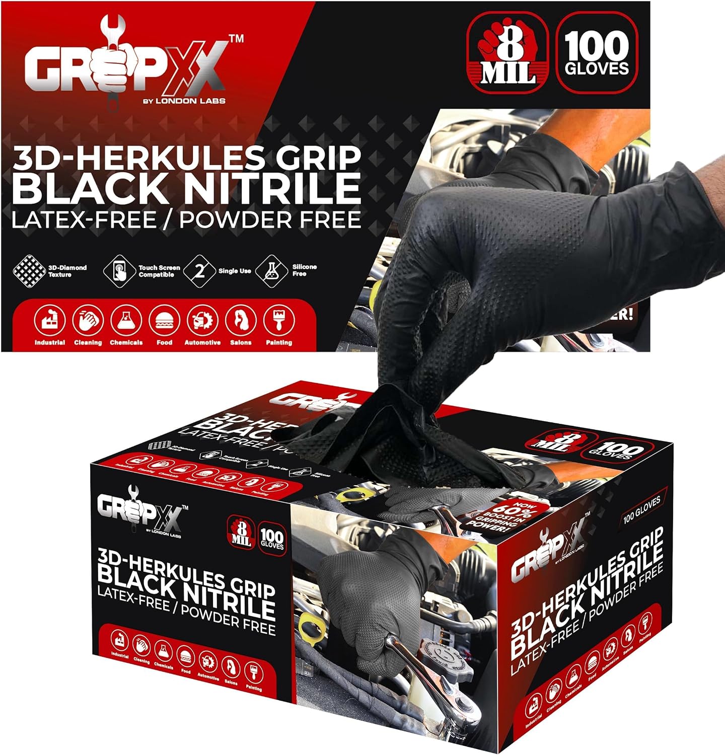 GRIPXX Herkules Grip Heavy Duty 8Mil Black Nitrile Gloves,3D Raised Diamond Texture-Latex & Powder-Free Industrial, Mechanic