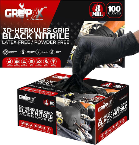 GRIPXX Herkules Grip Heavy Duty 8Mil Black Nitrile Gloves,3D Raised Diamond Texture-Latex & Powder-Free Industrial, Mechanic
