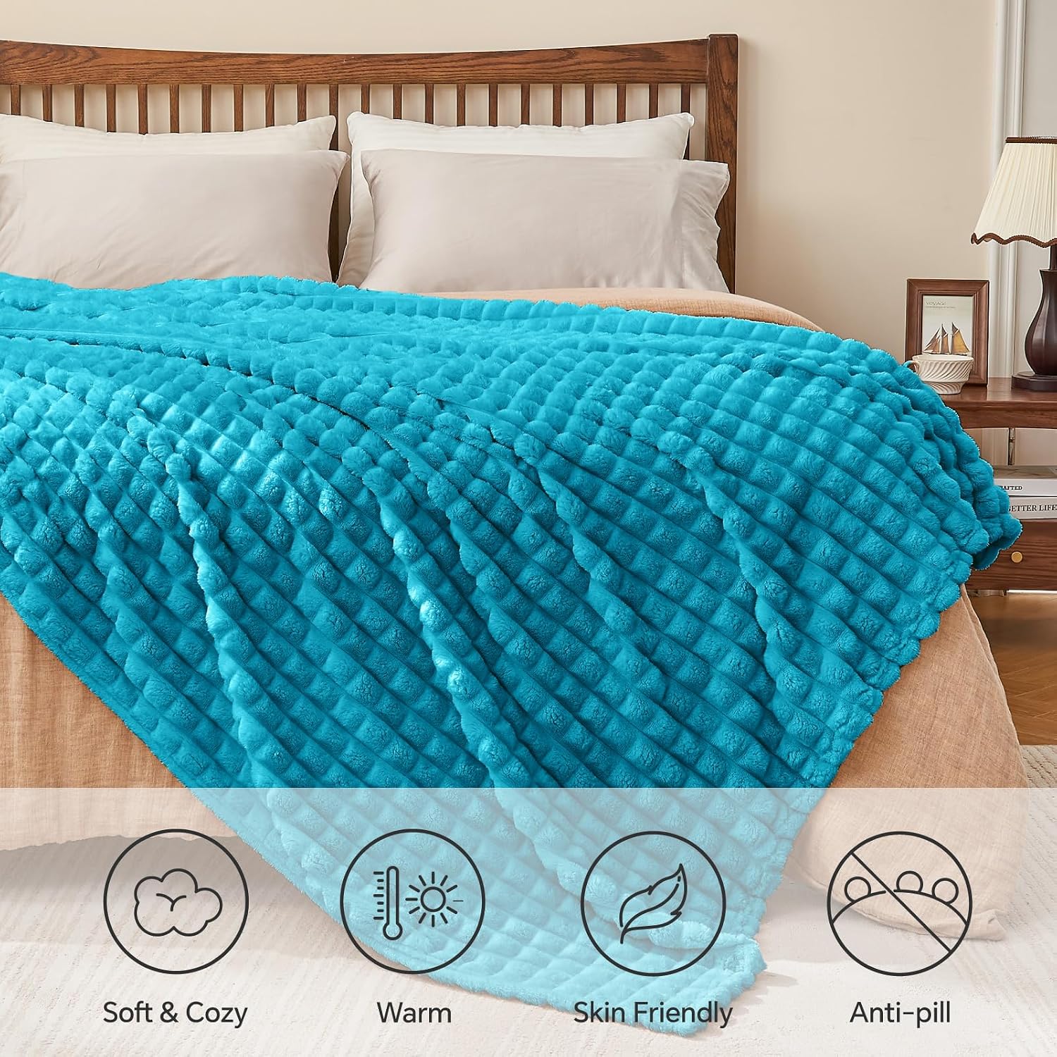 BEDELITE 3D Checked Teal Fleece Twin Throw Blanket for Bed, 60x80 Inch