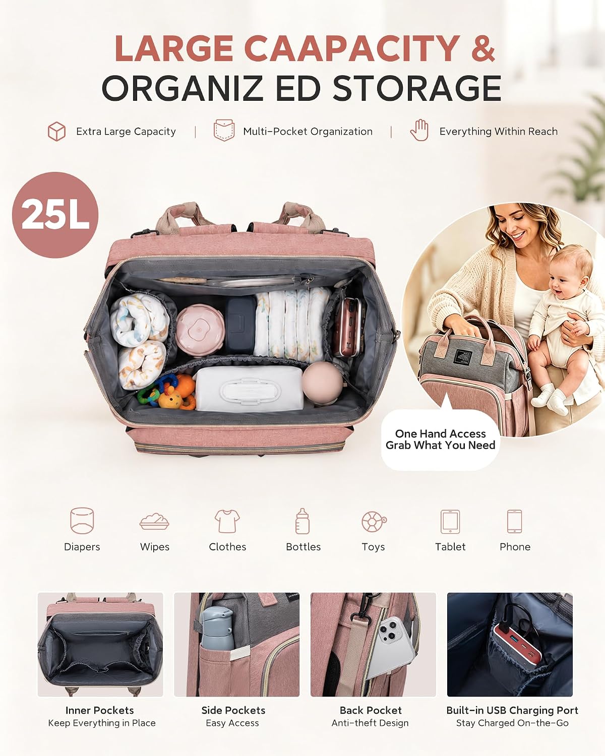 houscly Diaper Bag Backpack with Changing Station, 25L Large Capacity