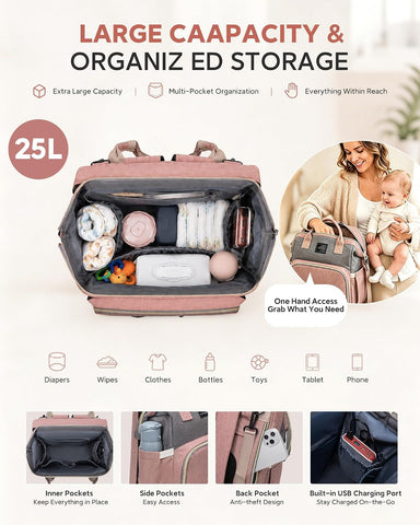 houscly Diaper Bag Backpack with Changing Station, 25L Large Capacity