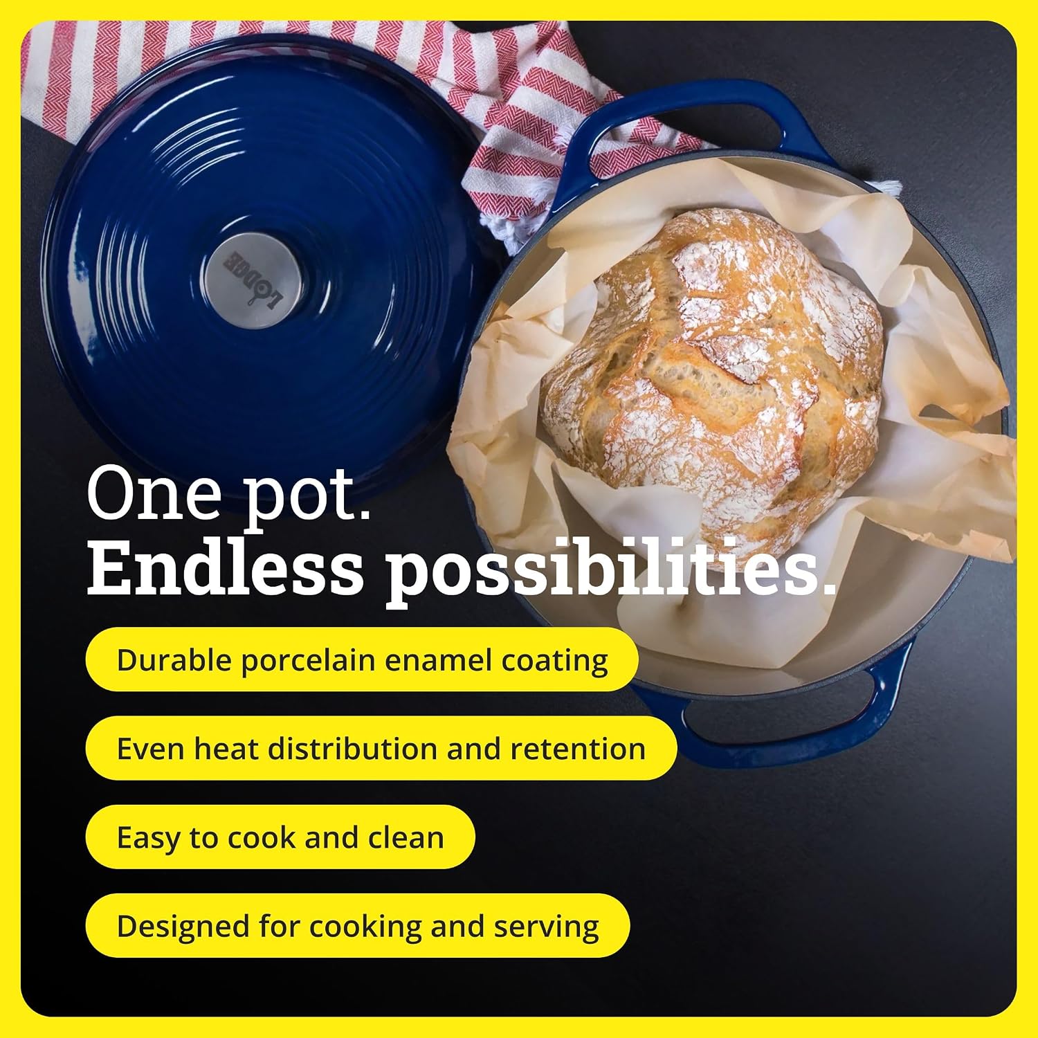 Lodge Essential Enamel Cast Iron Dutch Oven, 6 Quart, Indigo