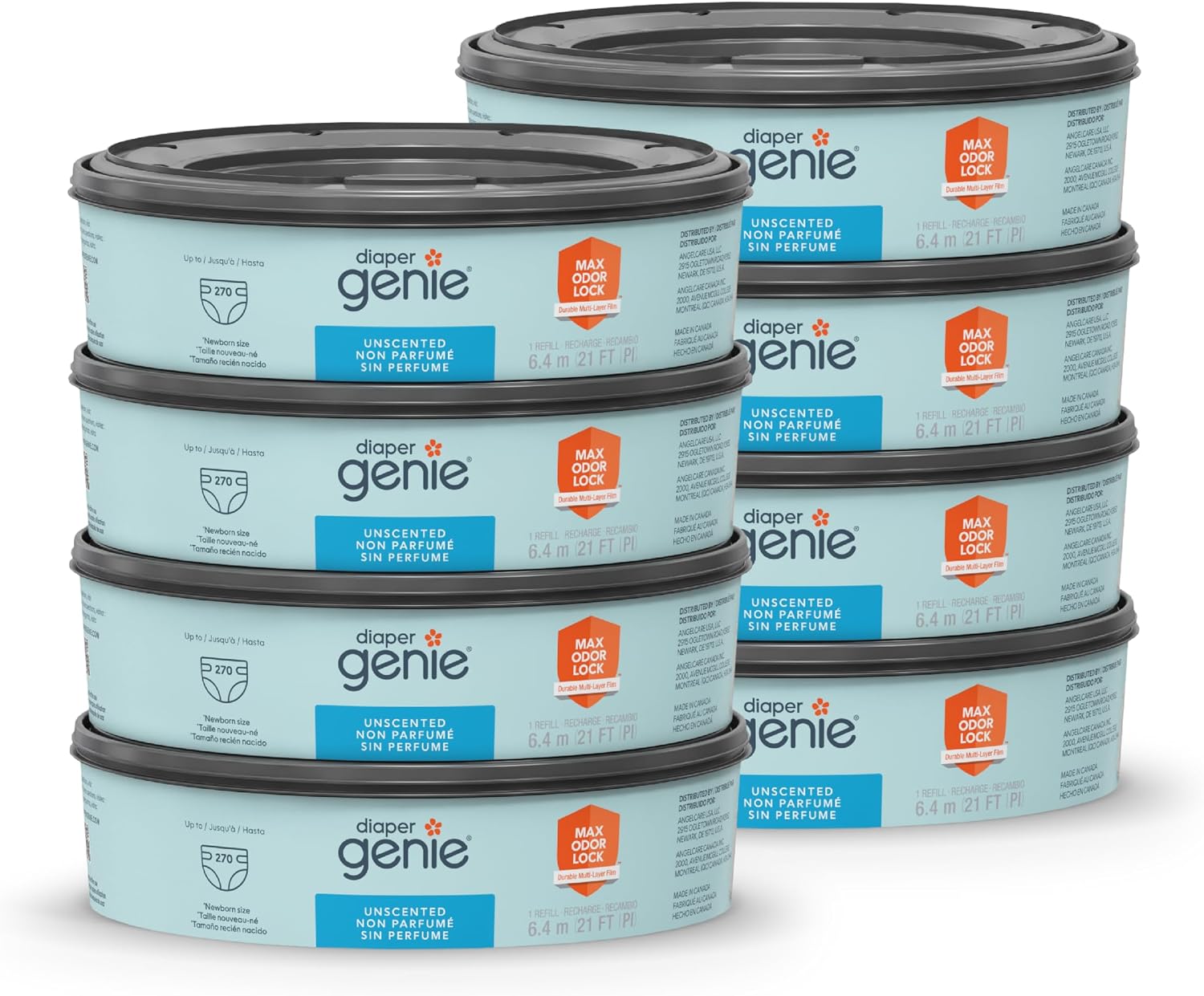 Diaper Genie Bags Refills 270 Count (Pack of 8) with Max Odor Lock | Holds Up to 2160 Newborn Diapers