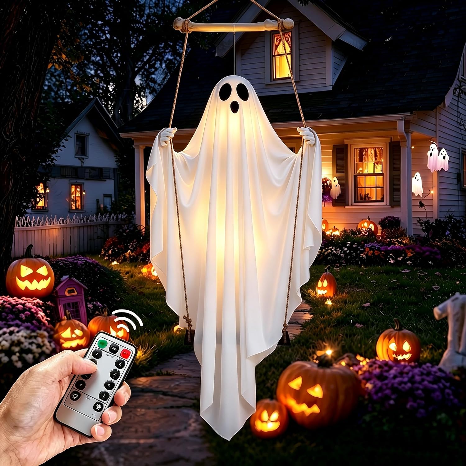 Halloween Decorations Outdoor - 5FT Hanging Swing Ghost with Remote Control