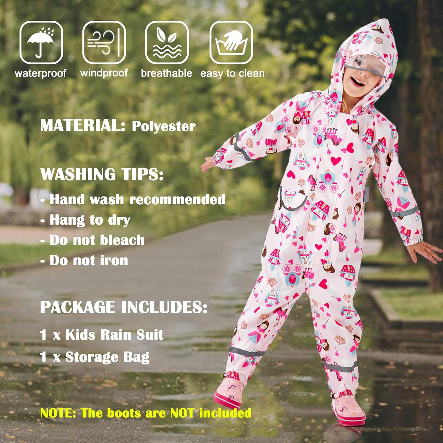Fewlby Kids Toddler Rain Suit for Boys Girls One Piece Hoodie Zipper Cartoon Waterproof Coverall Rain Jacket 1-10 Years