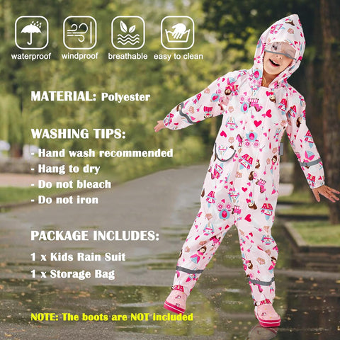 Fewlby Kids Toddler Rain Suit for Boys Girls One Piece Hoodie Zipper Cartoon Waterproof Coverall Rain Jacket 1-10 Years