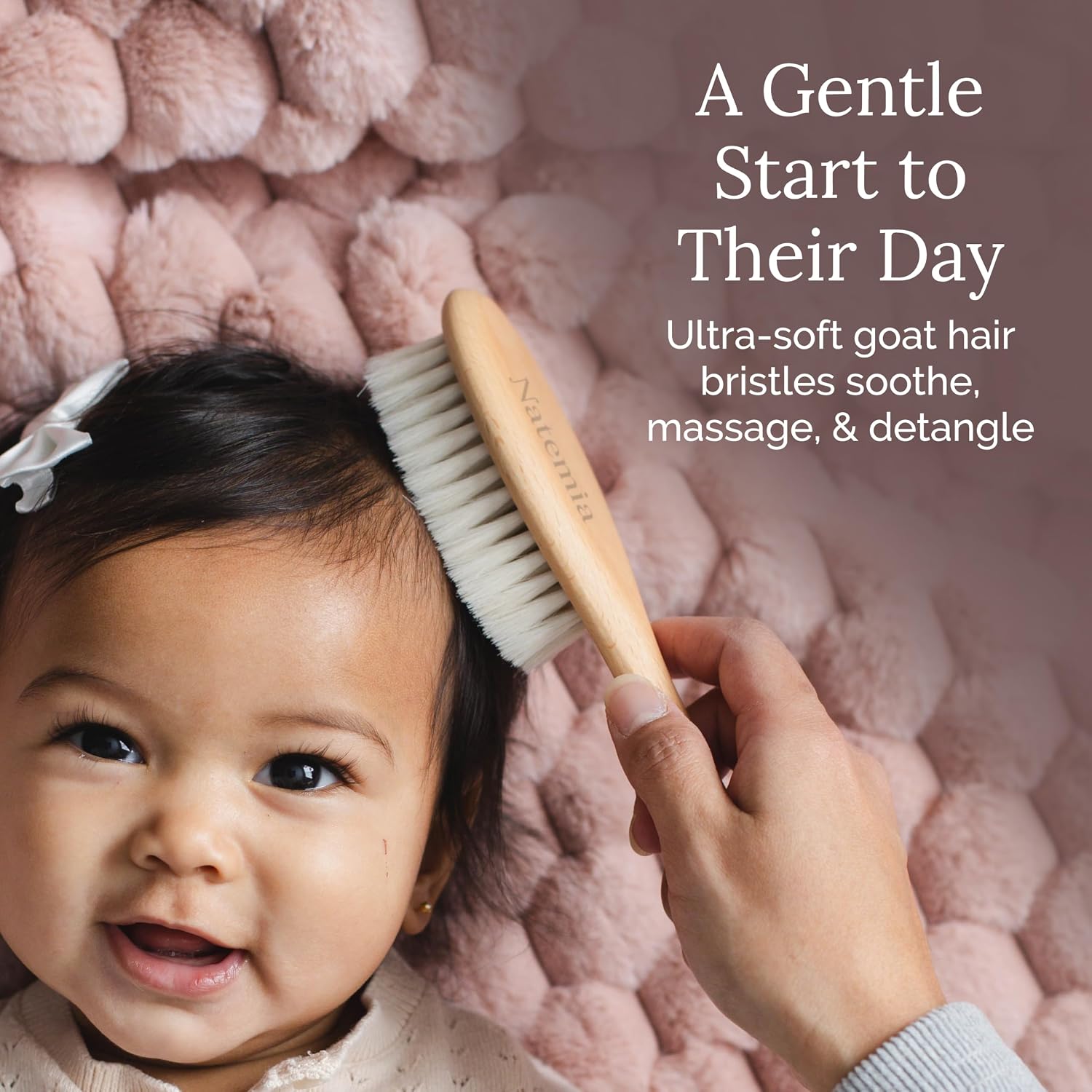Natemia Wooden Baby Hair Brush - Natural Goat Hair Bristles - Gentle Soft Bristles for Scalp Massage - Cradle Cap Comb for Flake Removal - For Baby Grooming Kit & Toddler Hair Brush