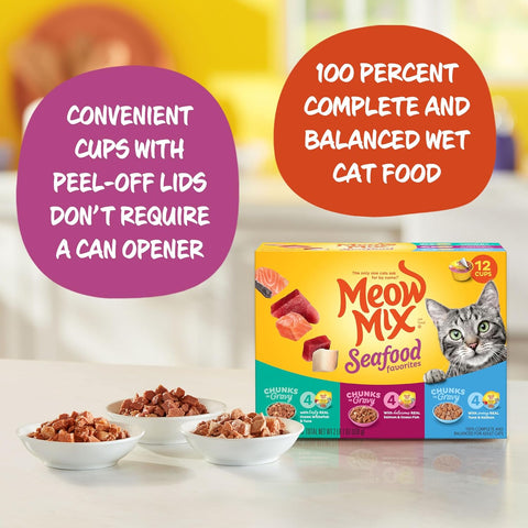 Meow Mix Seafood Favorites, Wet Food Variety Pack, 12 Cups