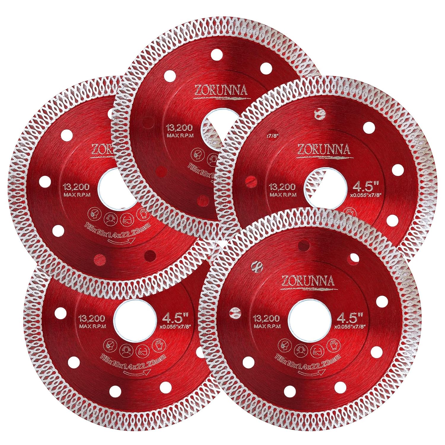 ZORUNNA 5Pcs 4.5" Diamond Saw Blades, Tile Cutting Blade for Angle Grinder