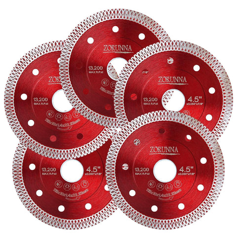 ZORUNNA 5Pcs 4.5" Diamond Saw Blades, Tile Cutting Blade for Angle Grinder