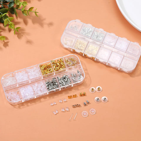 Nkwuire 12 Styles 600 Pcs Earring Backs for Studs, Clear Plastic Earrings Metal Rubber Silicone Earring Backs Bullet Clutch Stoppers Replacement Kits for Fish Hook Earring Studs Hoops