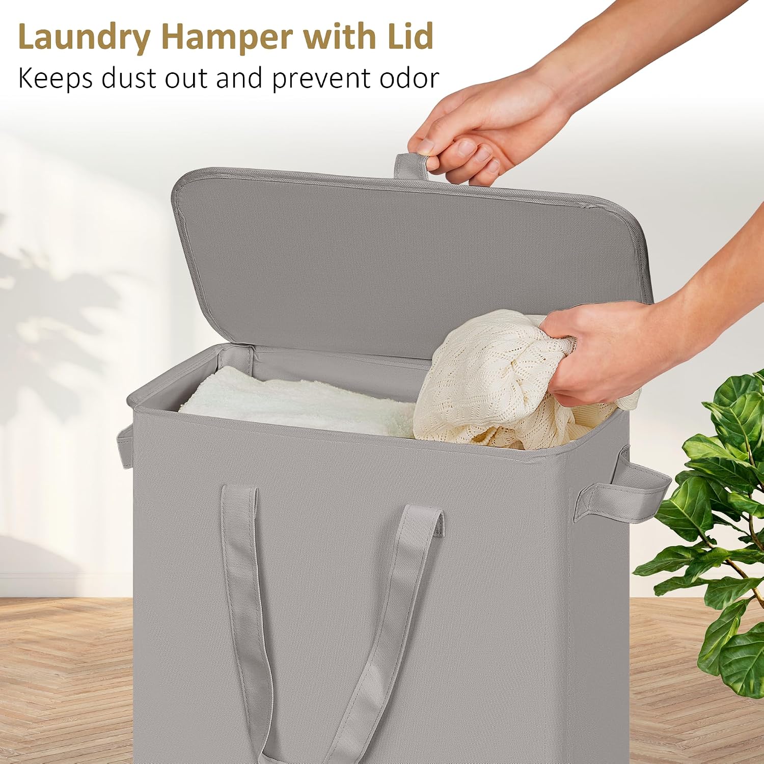 efluky Slim Laundry Basket with Lid, Narrow Laundry Hamper with Handles, Collapsible Dirty Clothes Hamper, Tall Laundry Bin for Laundry Room, Dorm and Bedroom, 55L Grey