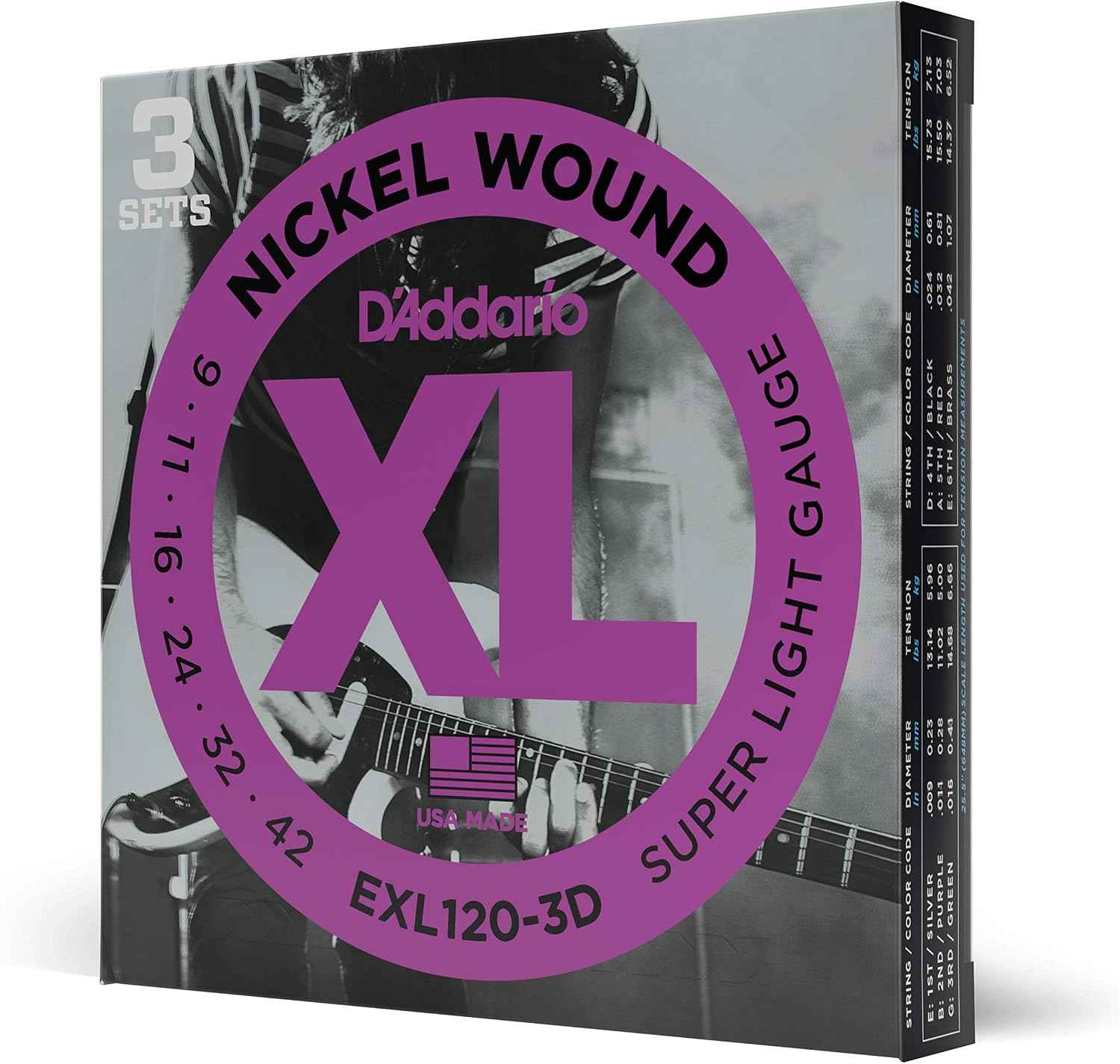 D'Addario XL Nickel EXL120-3D Electric Guitar Strings, 09-42, 3 Sets