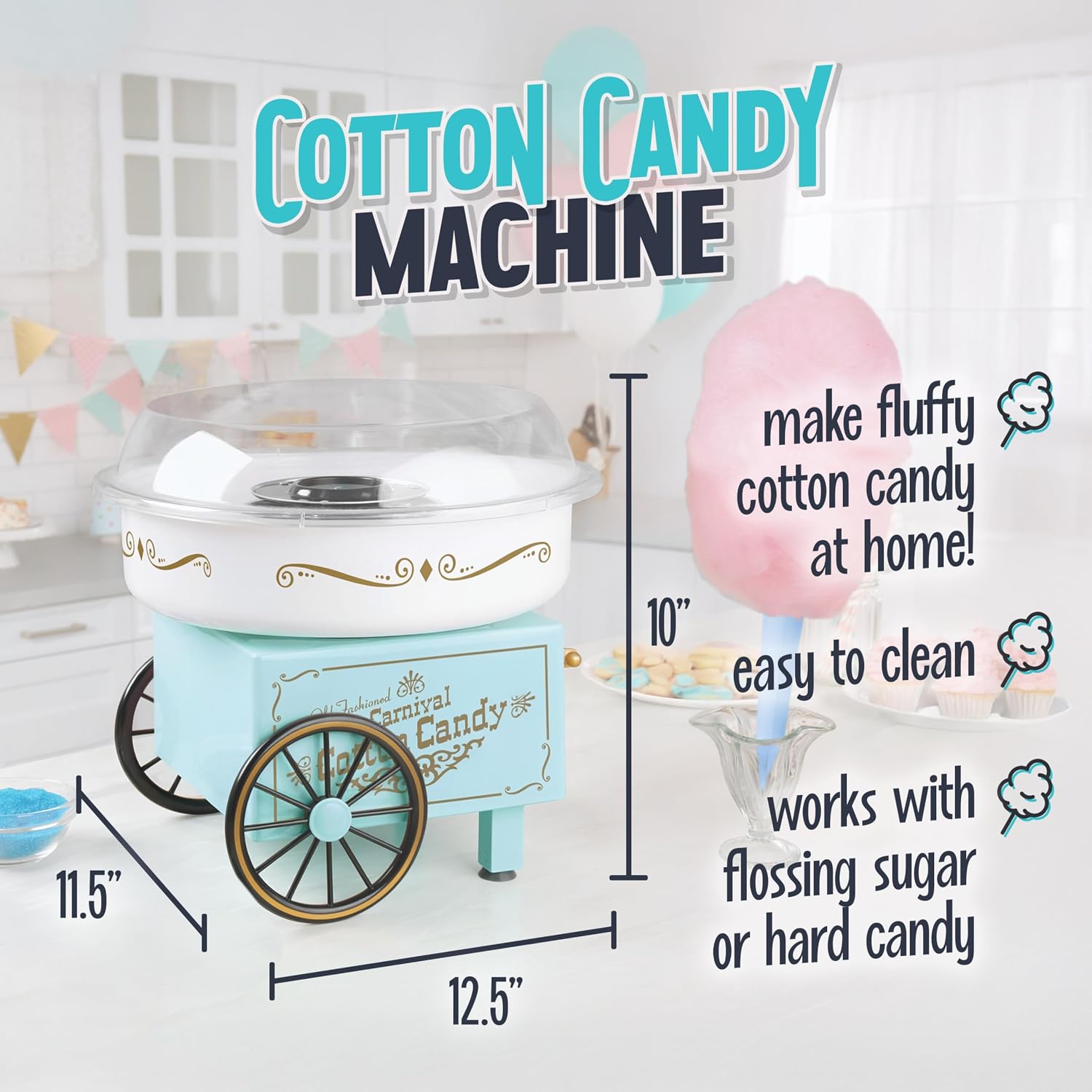 Nostalgia Vintage Hard and Sugar Free Candy Countertop Cotton Candy Maker, Includes 2 Reusable Cones And Sugar Scoop – Aqua