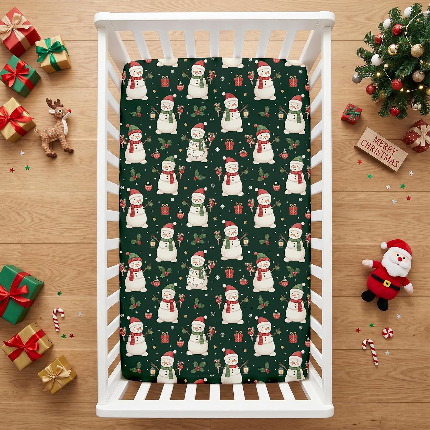 JISEN Christmas Fitted Crib Sheets for Boys Girls 52x28 Inch Snowman Green