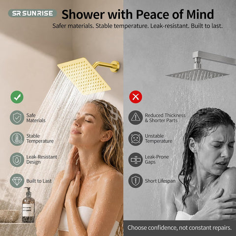 SR SUN RISE Shower Faucet Set 8-Inch Rainfall Shower Head Brushed Gold