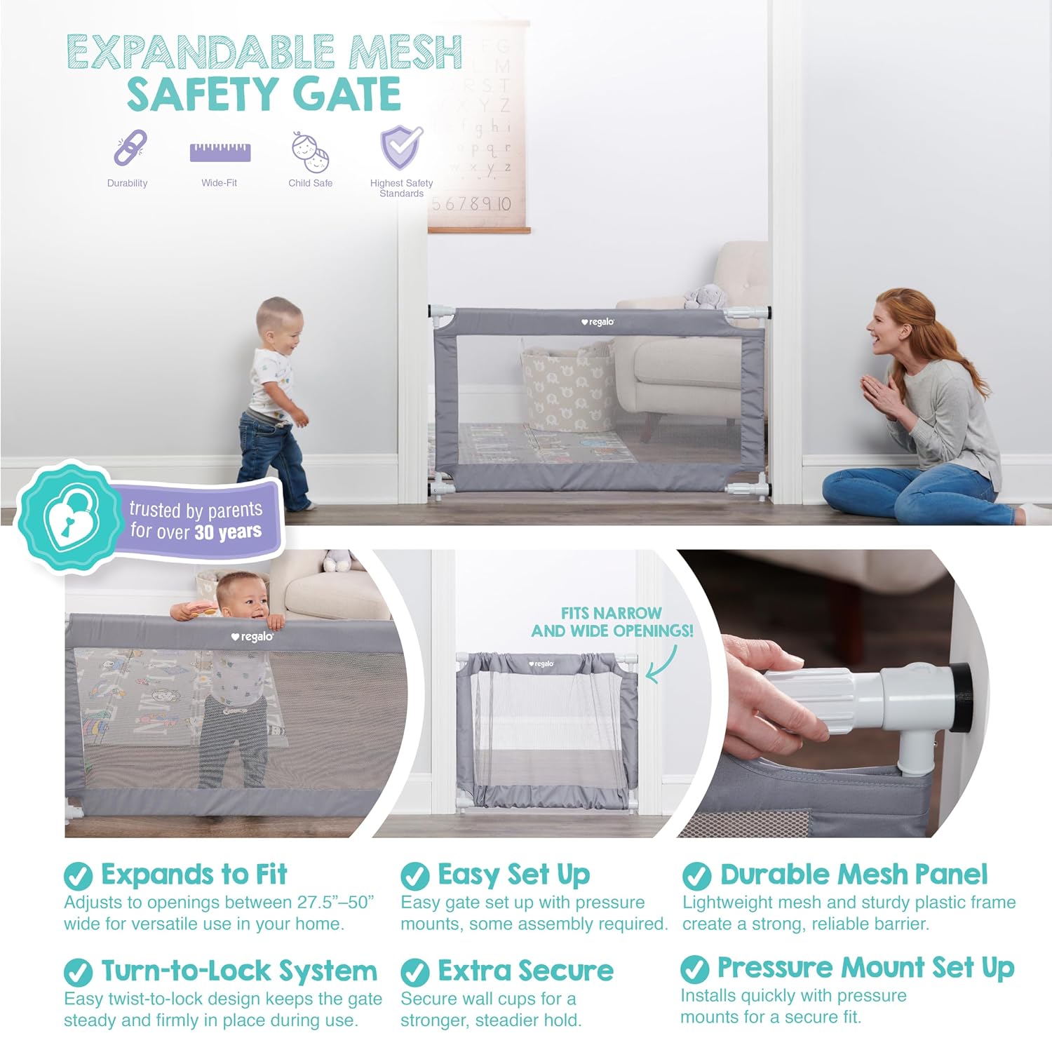 Regalo Safety 27.5"-50" Extra Wide Mesh Baby Gate, Doorways & Dooways