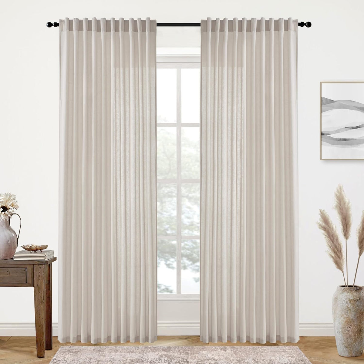 XTMYI 70 Inches Wide Country Curtains for Living Room,Sheer Linen Shabby Chic Curtains for Bedroom Oatmeal 108 Inches Long