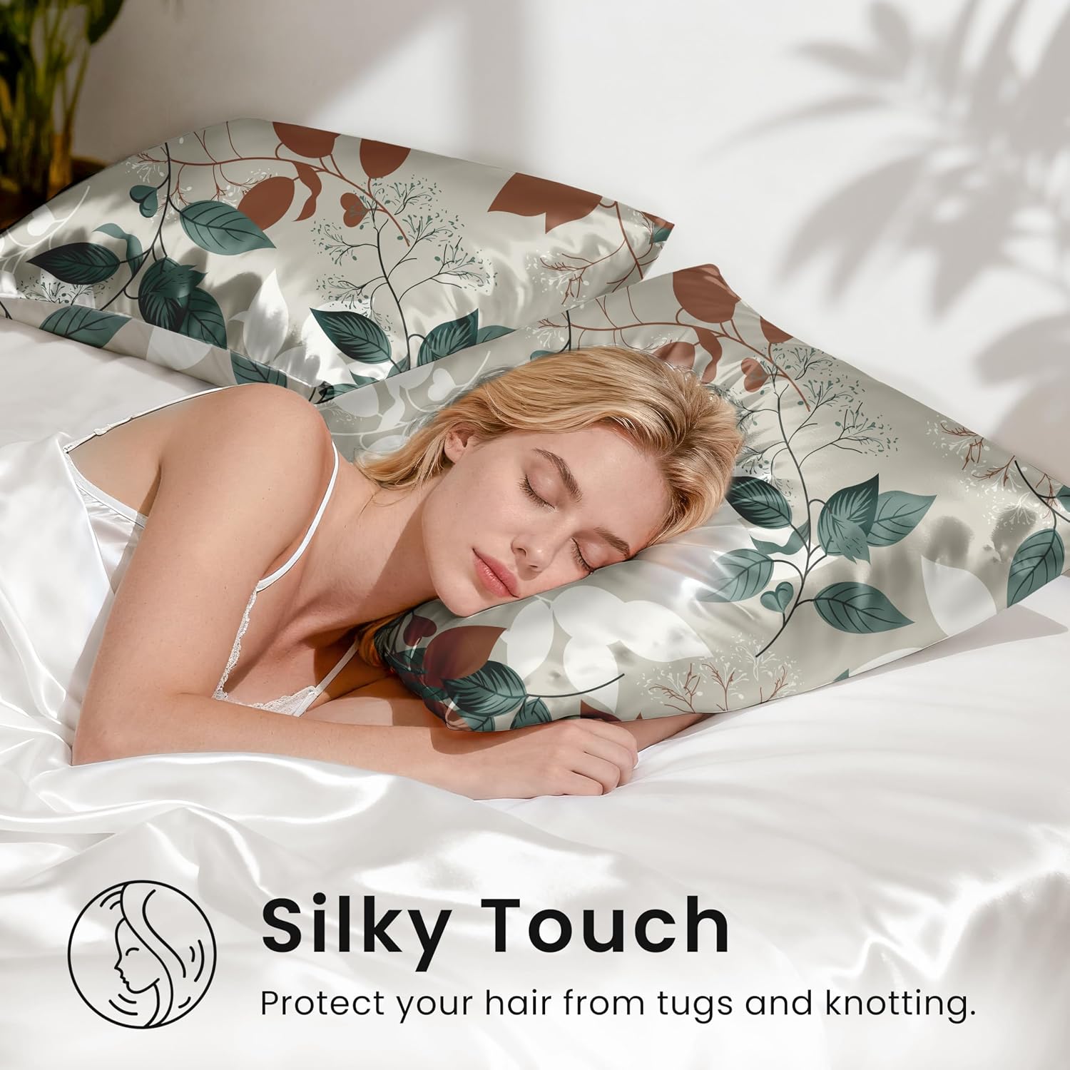 EXQ Home Satin Pillowcase for Hair and Skin King - Printed Green Leaves