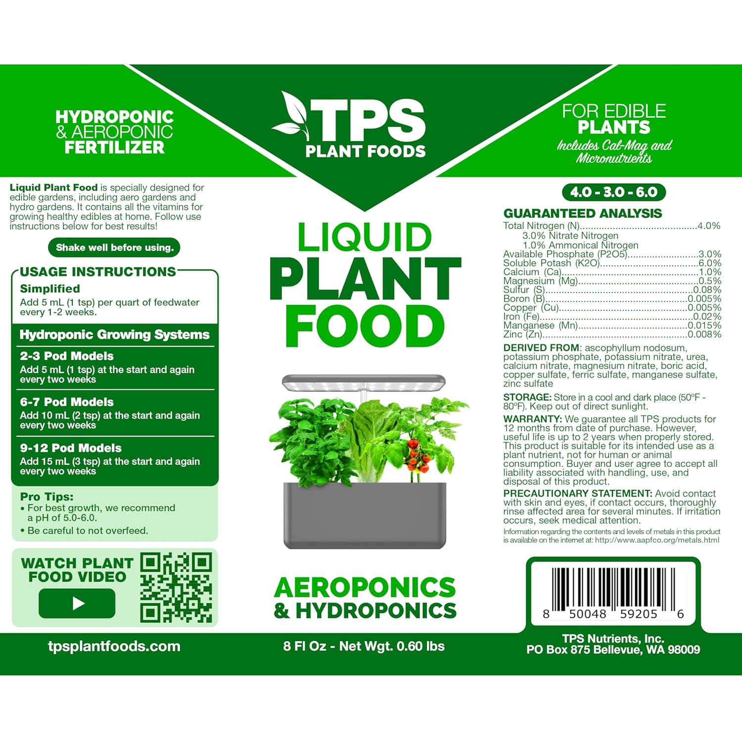 Liquid Plant Food - Fertilizer for AeroGarden & Hydroponic Systems, 1 Gal