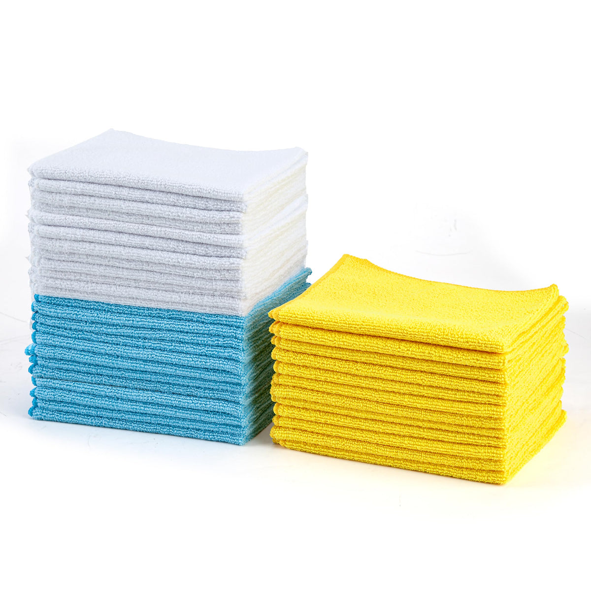 Amazon Basics Microfiber Cleaning Cloths, Non-Abrasive, Reusable and Washable, Pack of 36, Blue/White/Yellow, 16" x 12"