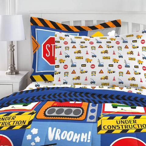 dream FACTORY Kids 5-Piece Complete Set Easy-Wash Super Soft Microfiber Comforter Bedding, Twin, Navy Blue Under Construction
