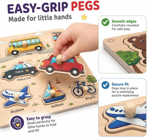 Wooden Peg Puzzles for Kids Ages 3-5, 6 Pack Large ABC Alphabet Number Shape Animal Dinosaur Vehicle Puzzle Set, Preschool Learning Toys, Montessori Educational Gifts for 3 4 5 Boys Girls